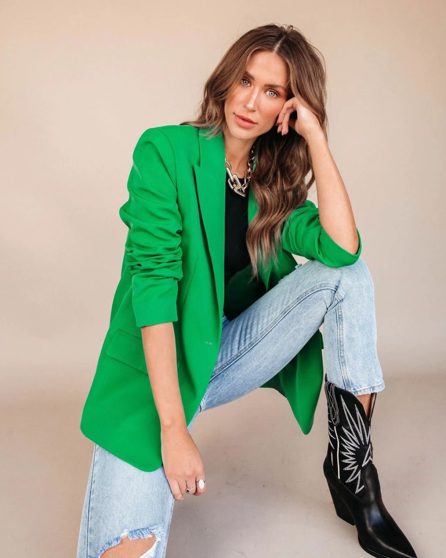 Blazers * | Makayla Pocketed Blazer Green Final Sale