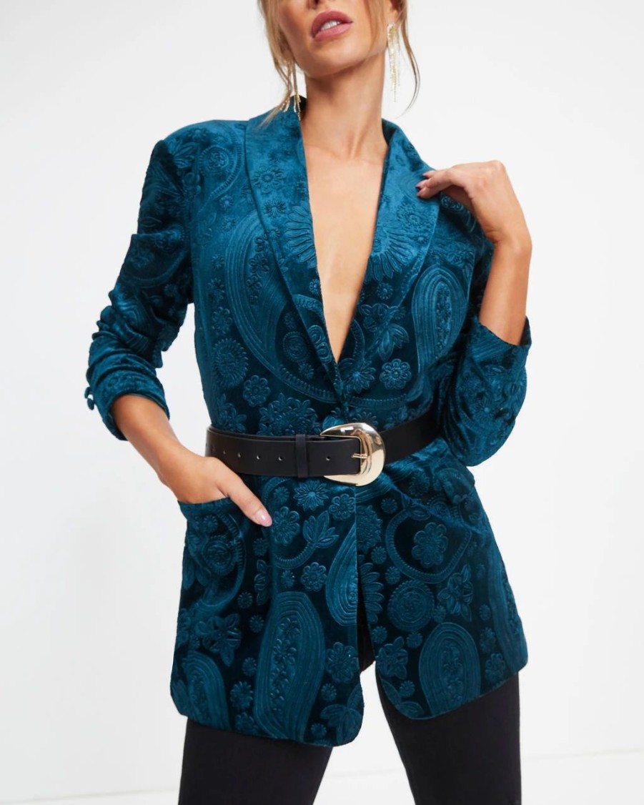 Blazers * | Top Of The Mark Pocketed Floral Embossed Blazer Dark Teal Final Sale