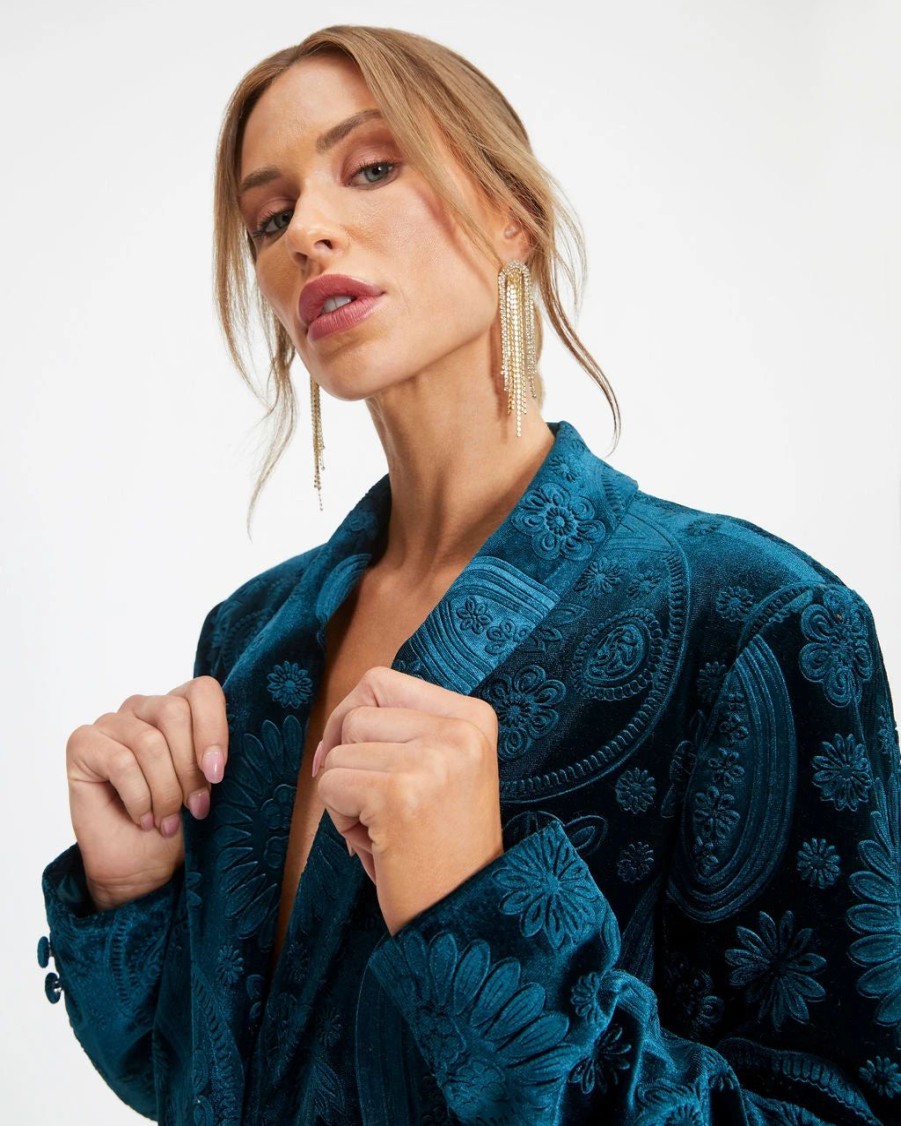 Blazers * | Top Of The Mark Pocketed Floral Embossed Blazer Dark Teal Final Sale