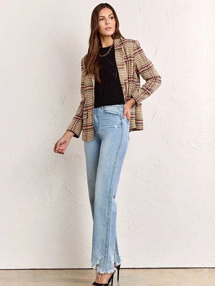 Jackets * | Houndstooth Check Two Button Blazer Lumiere Brown - Brown