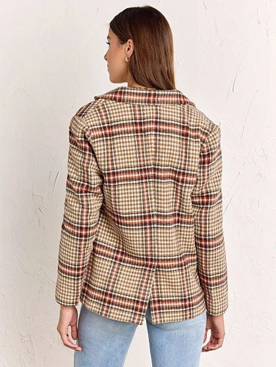 Jackets * | Houndstooth Check Two Button Blazer Lumiere Brown - Brown