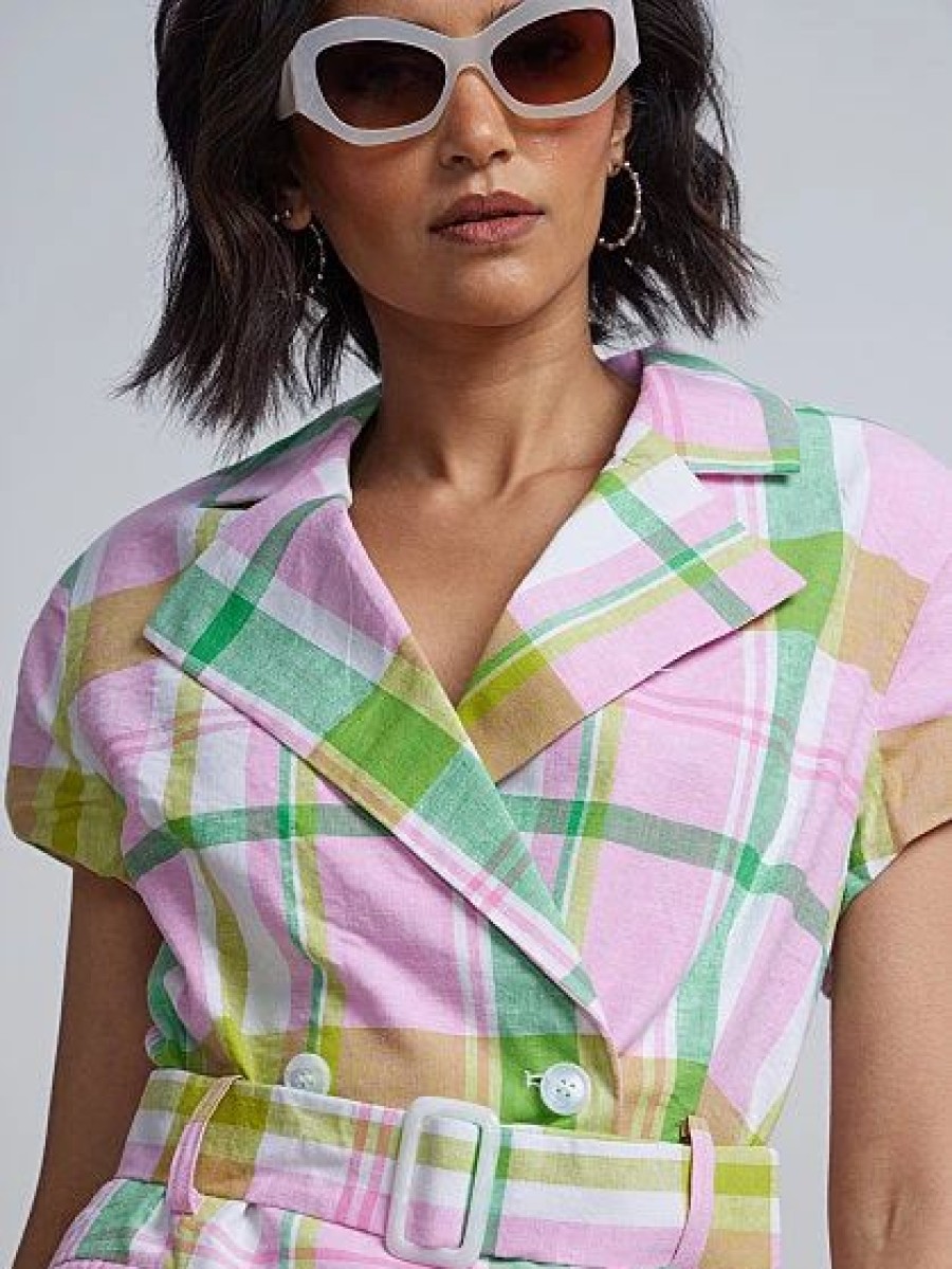 Jackets * | Linen-Blend Plaid Short-Sleeve Belted Blazer Multicolor - Multi Color