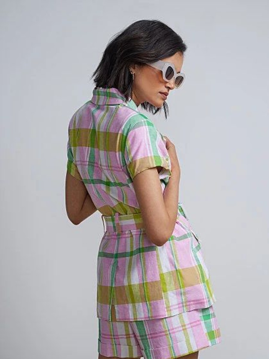 Jackets * | Linen-Blend Plaid Short-Sleeve Belted Blazer Multicolor - Multi Color