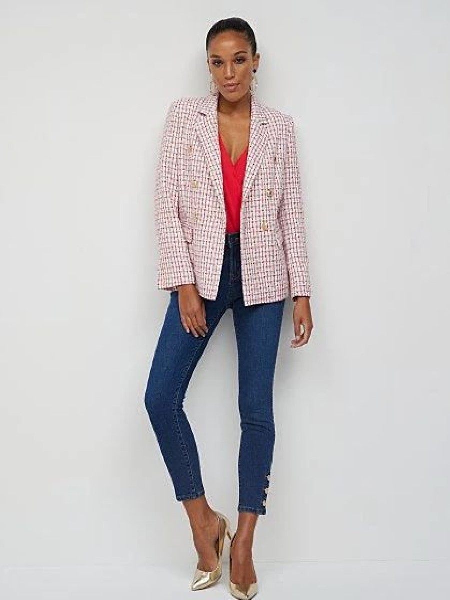 Jackets * | Tweed Check Double-Breasted Blazer Red - Siren Red