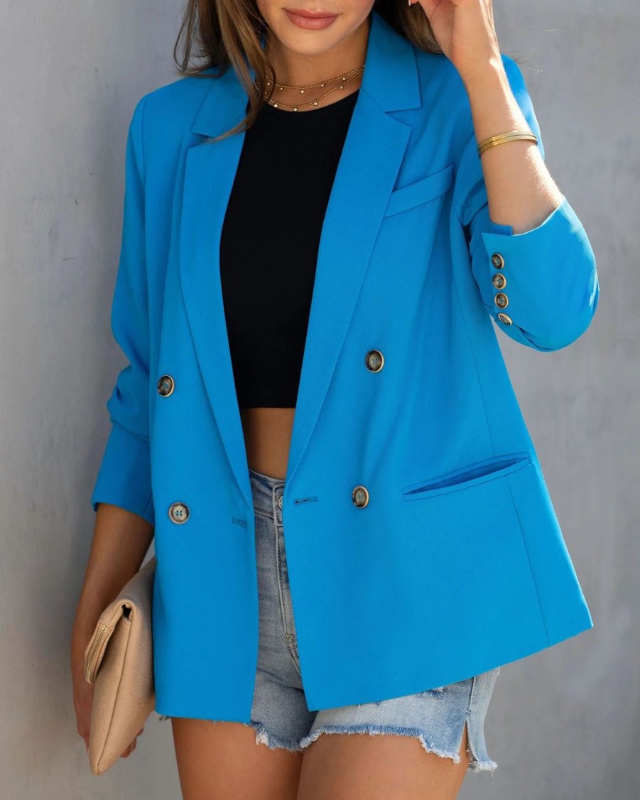 Blazers * | Long Shot Pocketed Blazer Aqua Blue Final Sale