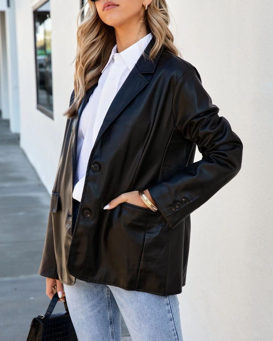 Coats & Jackets * | Girl Boss Faux Leather Pocketed Blazer Black Final Sale