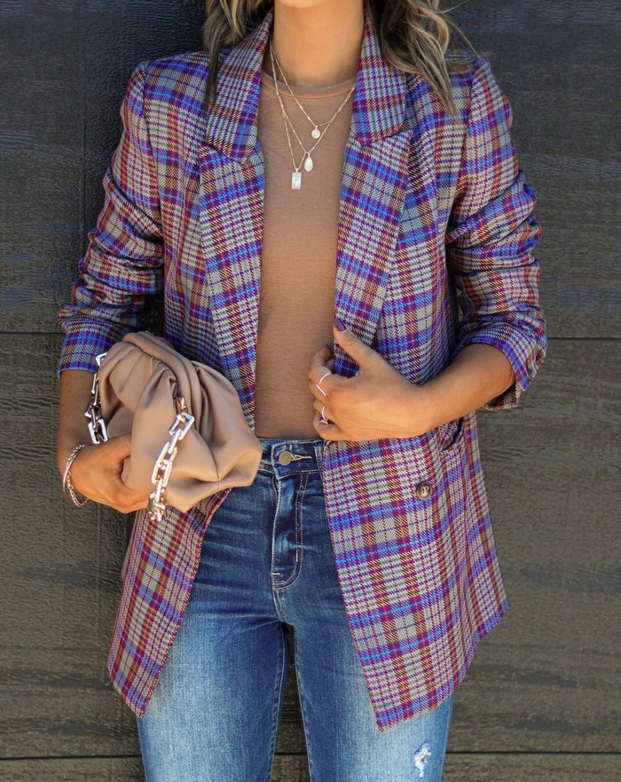 Blazers * | Front And Center Plaid Pocketed Blazer Final Sale