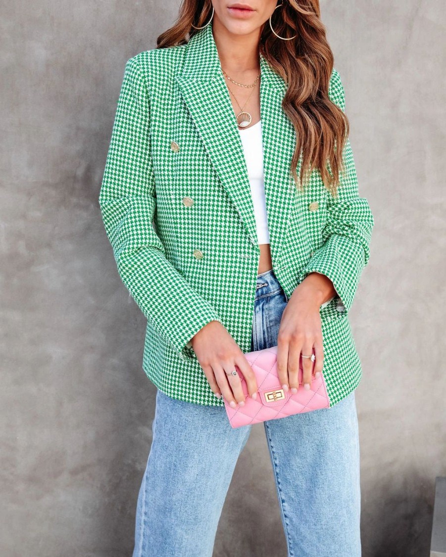 Coats & Jackets * | Catalina Houndstooth Pocketed Blazer Green Sale