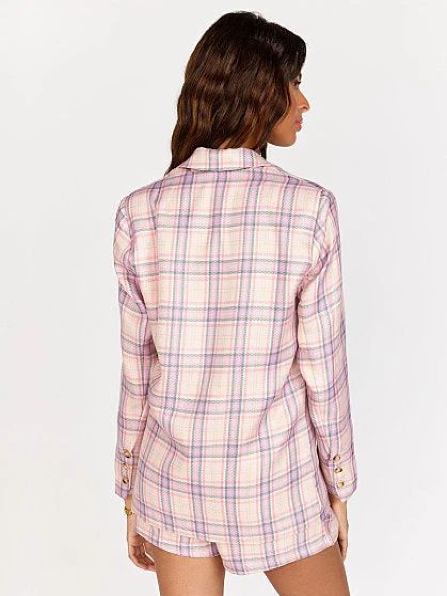 Jackets * | Double-Breasted Pastel Plaid Blazer Fanco Pink - Pink