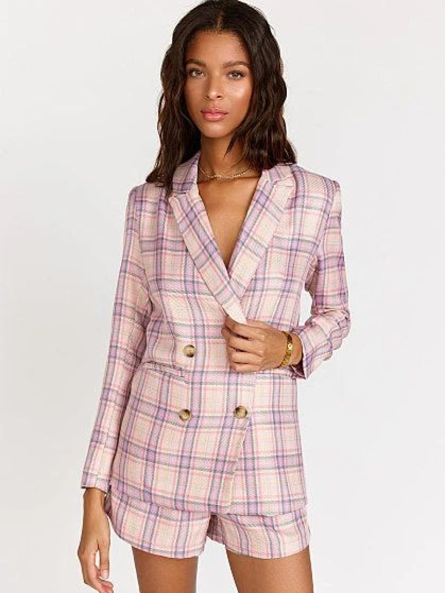 Jackets * | Double-Breasted Pastel Plaid Blazer Fanco Pink - Pink