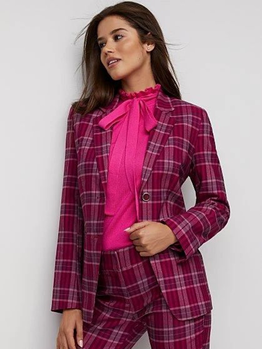 Jackets * | Plaid Double-Button Blazer Purple - Dark Purple