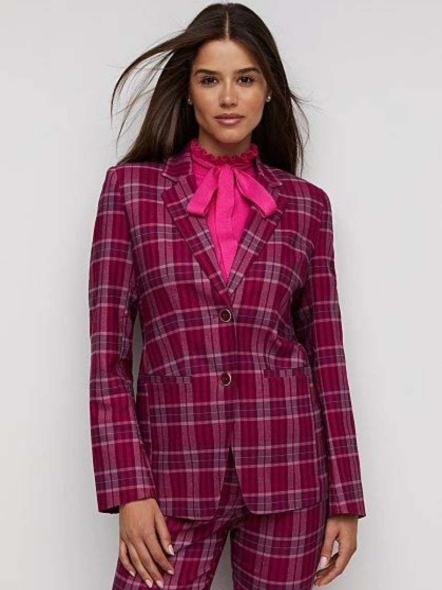 Jackets * | Plaid Double-Button Blazer Purple - Dark Purple