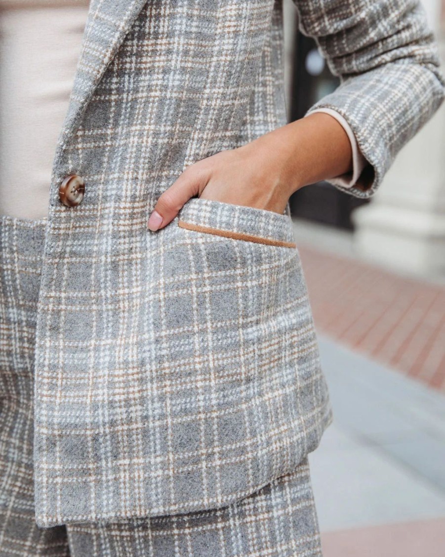 Blazers * | Let'S Talk Business Plaid Pocketed Blazer Grey Final Sale