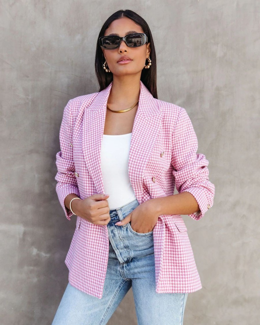 Coats & Jackets * | Catalina Houndstooth Pocketed Blazer Pink Sale