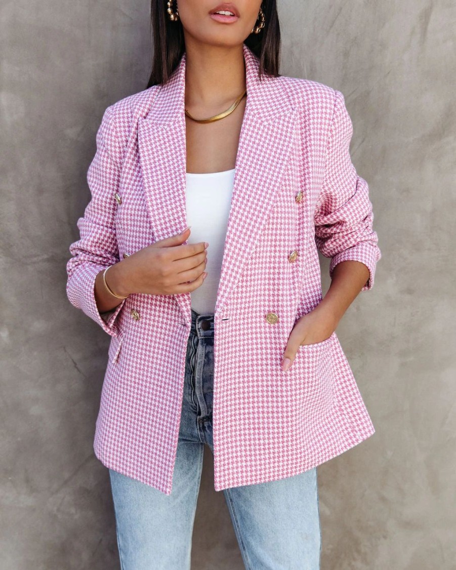 Coats & Jackets * | Catalina Houndstooth Pocketed Blazer Pink Sale