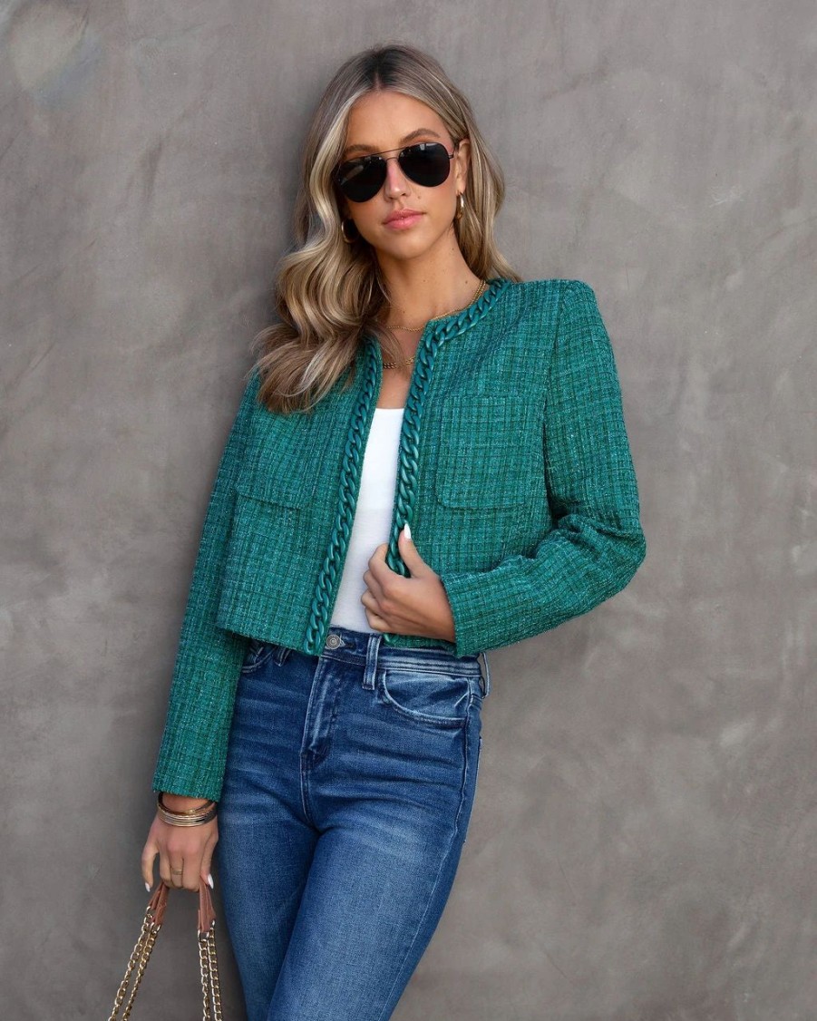 Coats & Jackets * | Be Bold Tweed Chain Blazer Green Final Sale