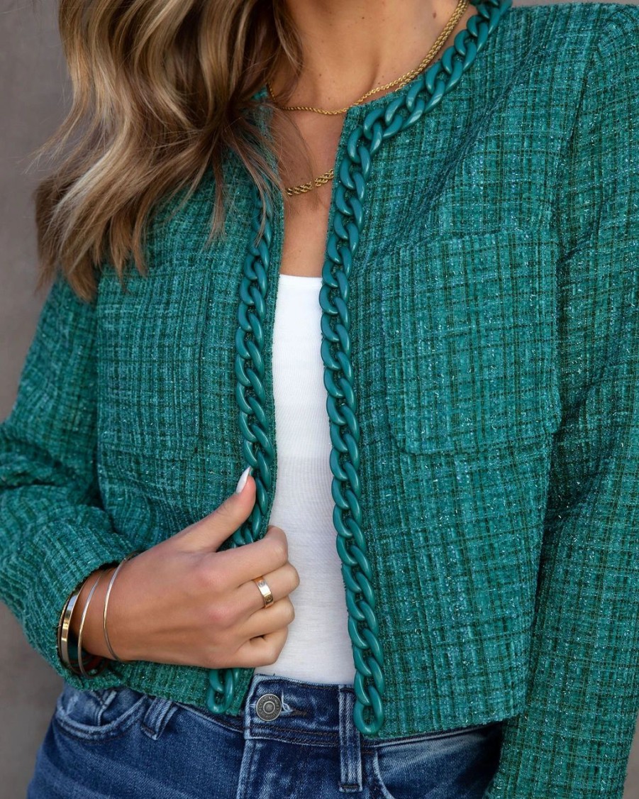 Coats & Jackets * | Be Bold Tweed Chain Blazer Green Final Sale