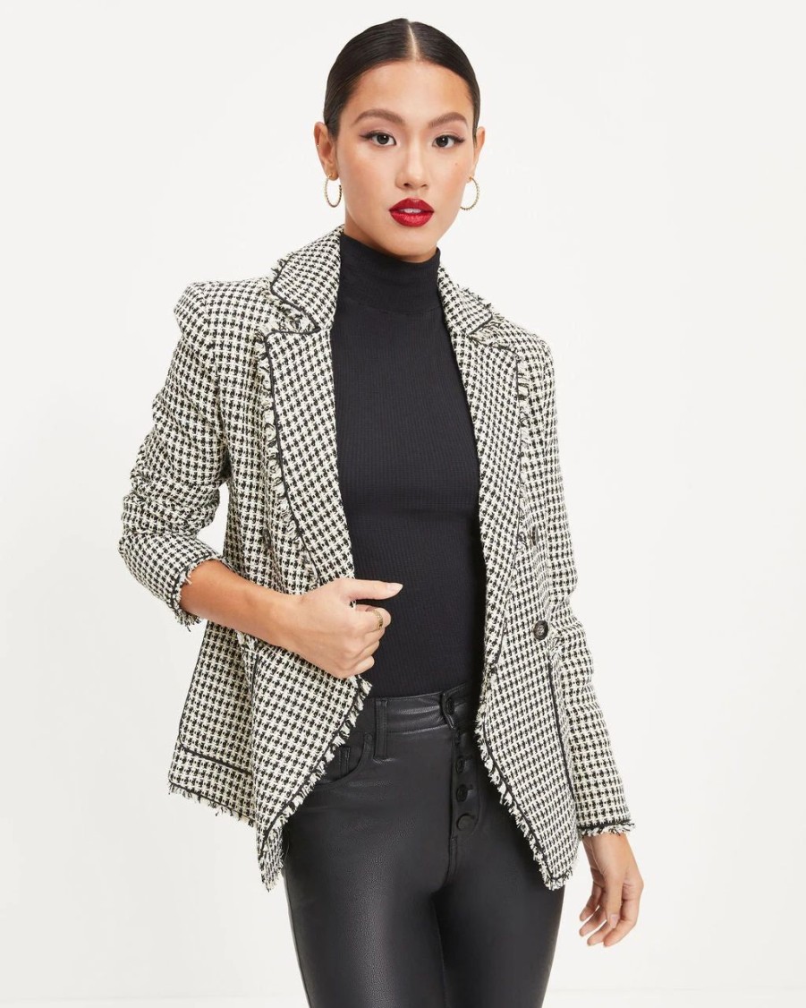 Blazers * | Seems About Right Frayed Pocketed Houndstooth Blazer Final Sale