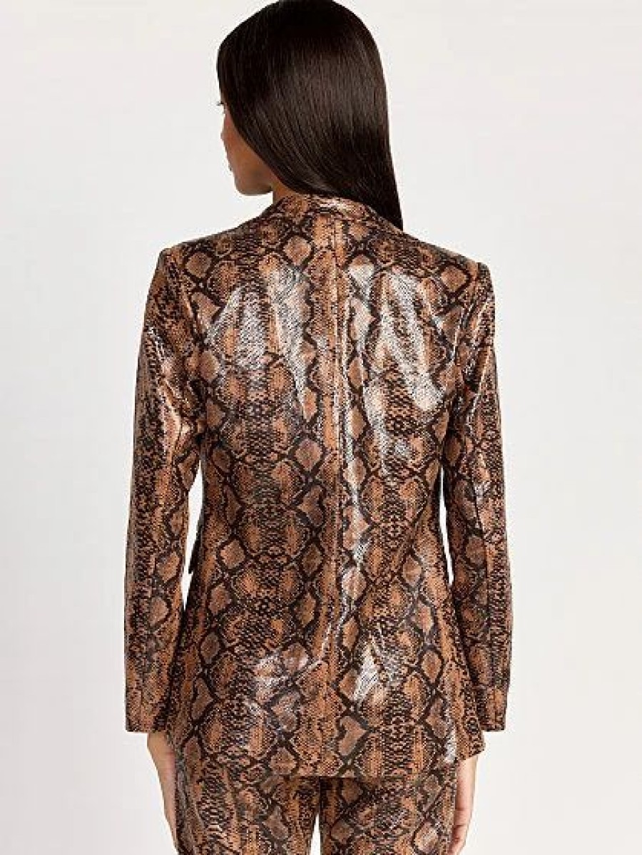 Jackets * | Faux Leather Snake Print Blazer Luxy Usa Brown - Cinnamon Brule