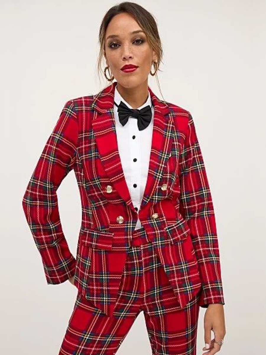 Jackets * | Tartan Double-Breasted Blazer Red - Coco Red