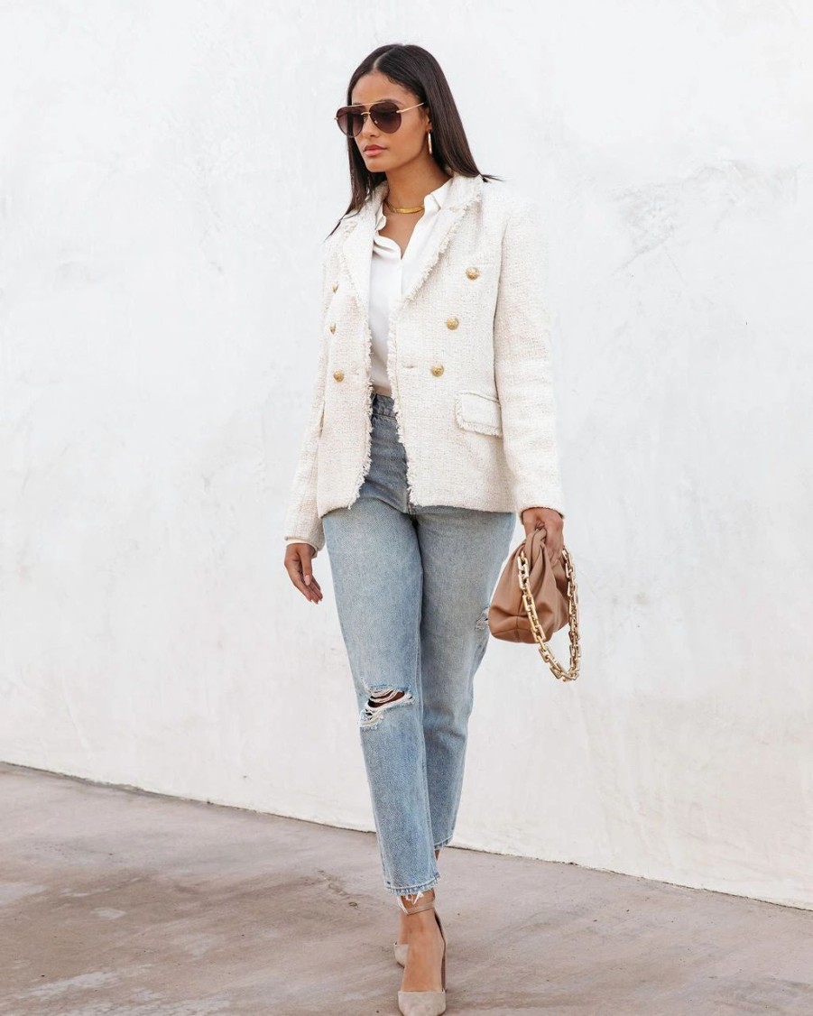 Coats & Jackets * | Monte Carlo Tweed Pocketed Blazer Ivory Final Sale