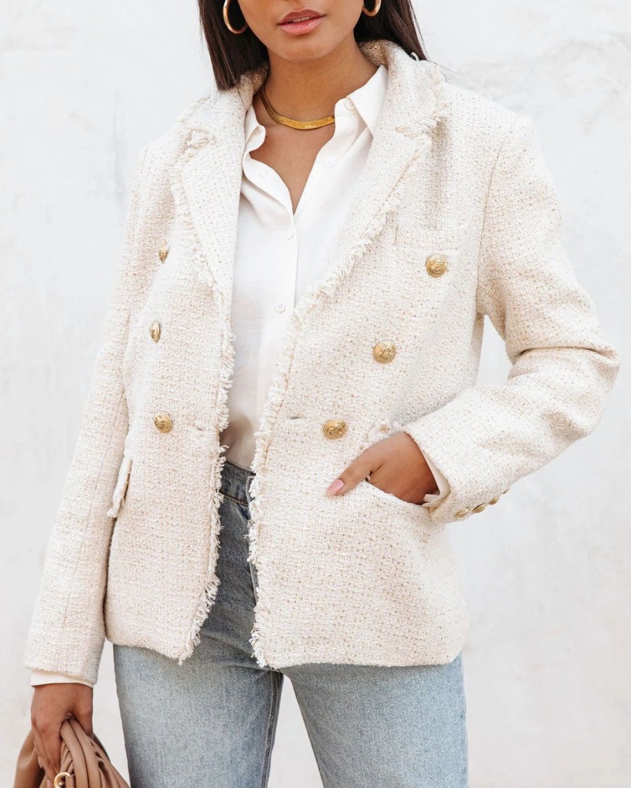 Coats & Jackets * | Monte Carlo Tweed Pocketed Blazer Ivory Final Sale