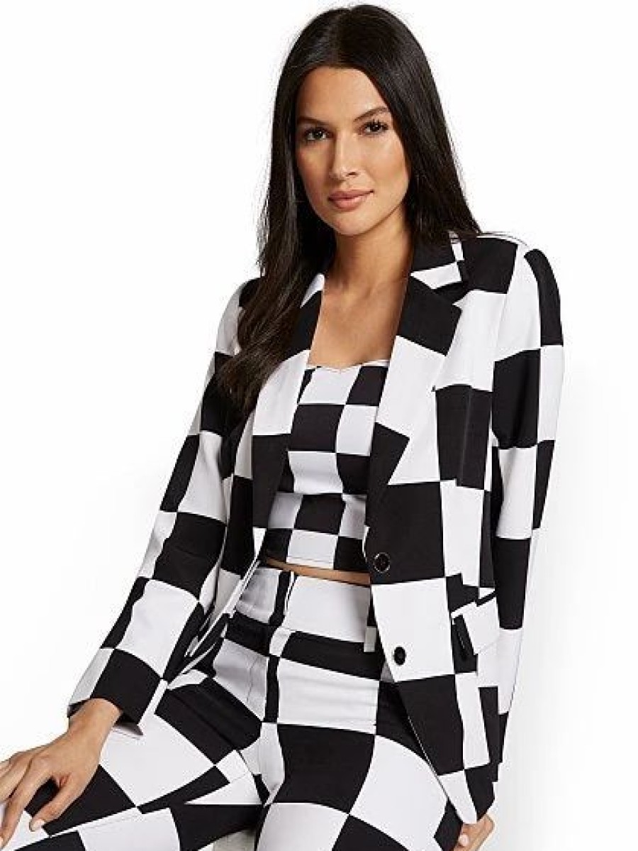 Jackets * | Checker-Print Blazer Black - Black/White