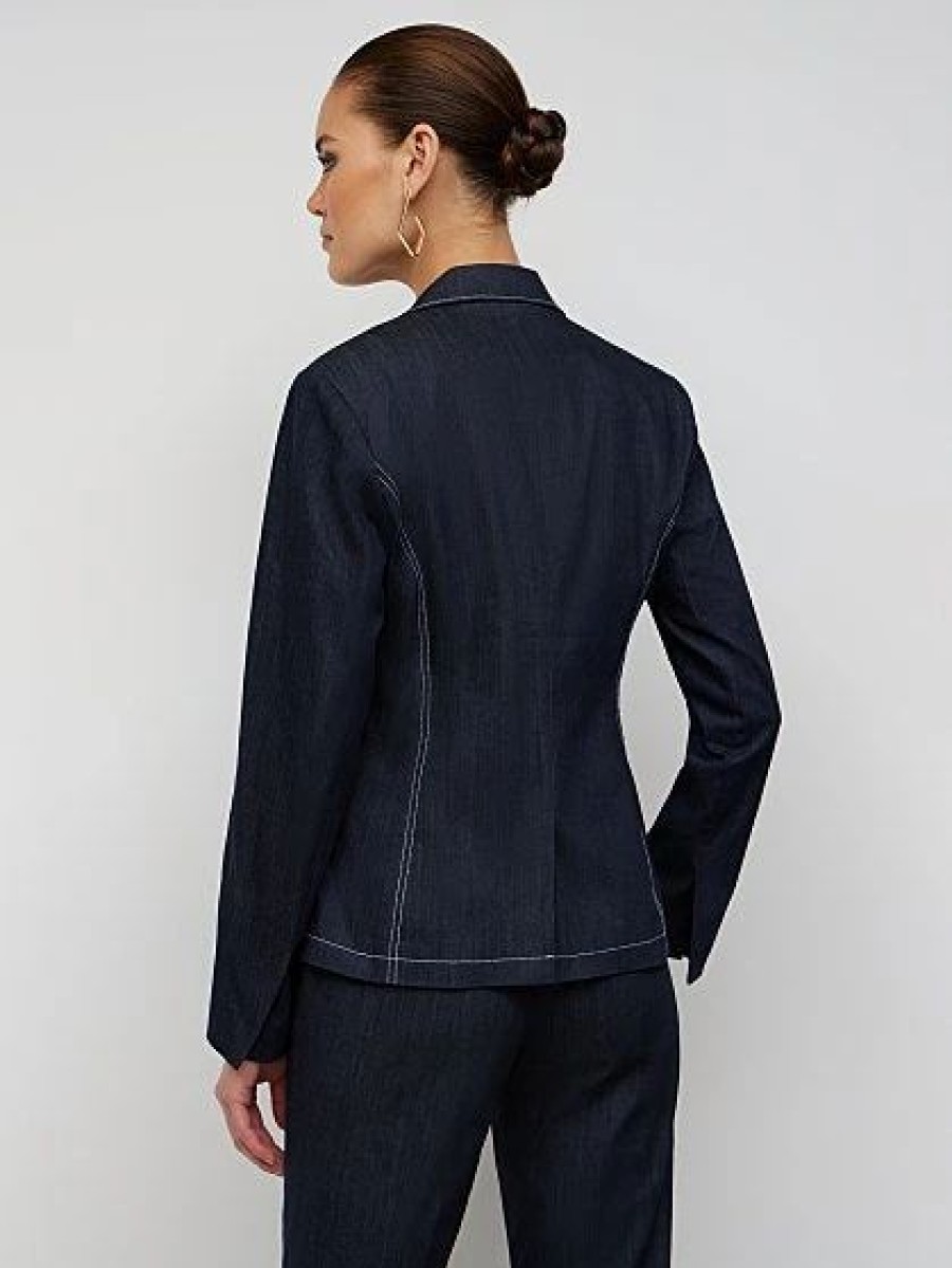 Jackets * | Petite Double-Breasted Denim Blazer Blue - Navy