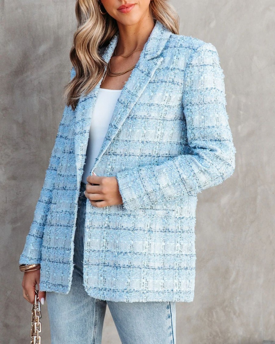 Blazers * | Jessica Tweed Pocketed Blazer Blue Final Sale