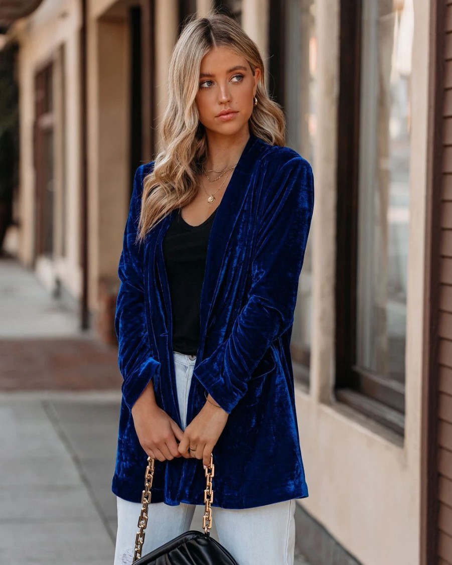 Blazers * | Chicest Pocketed Velvet Blazer Blue Final Sale