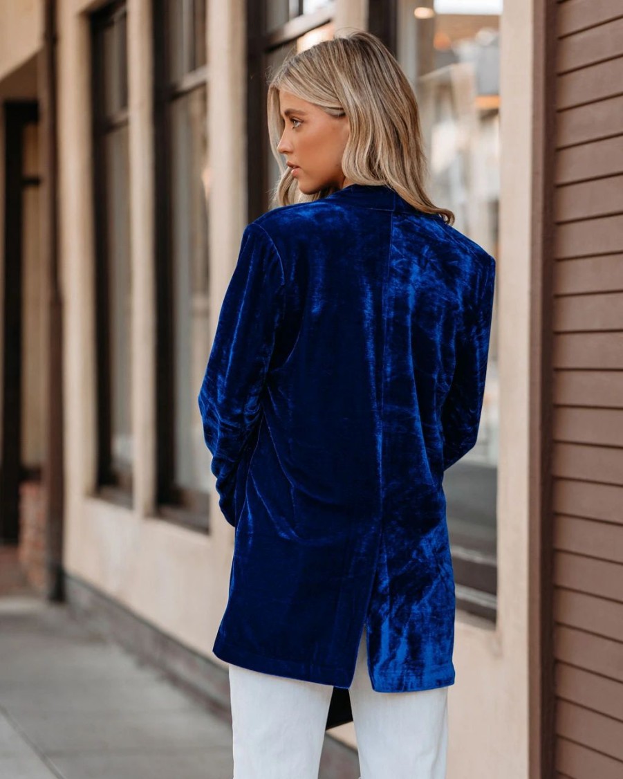 Blazers * | Chicest Pocketed Velvet Blazer Blue Final Sale