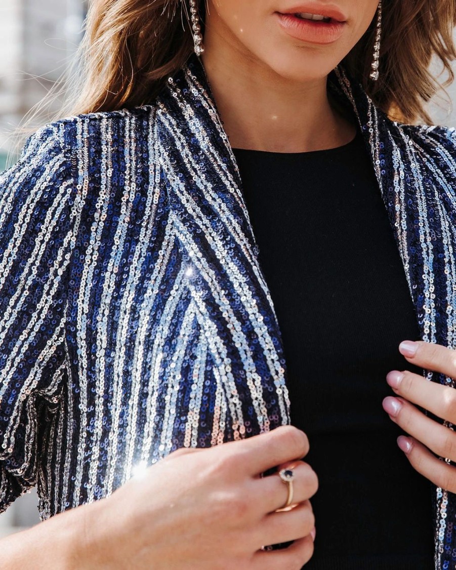 Blazers * | Can'T Relate Sequin Stripe Blazer Navy Final Sale