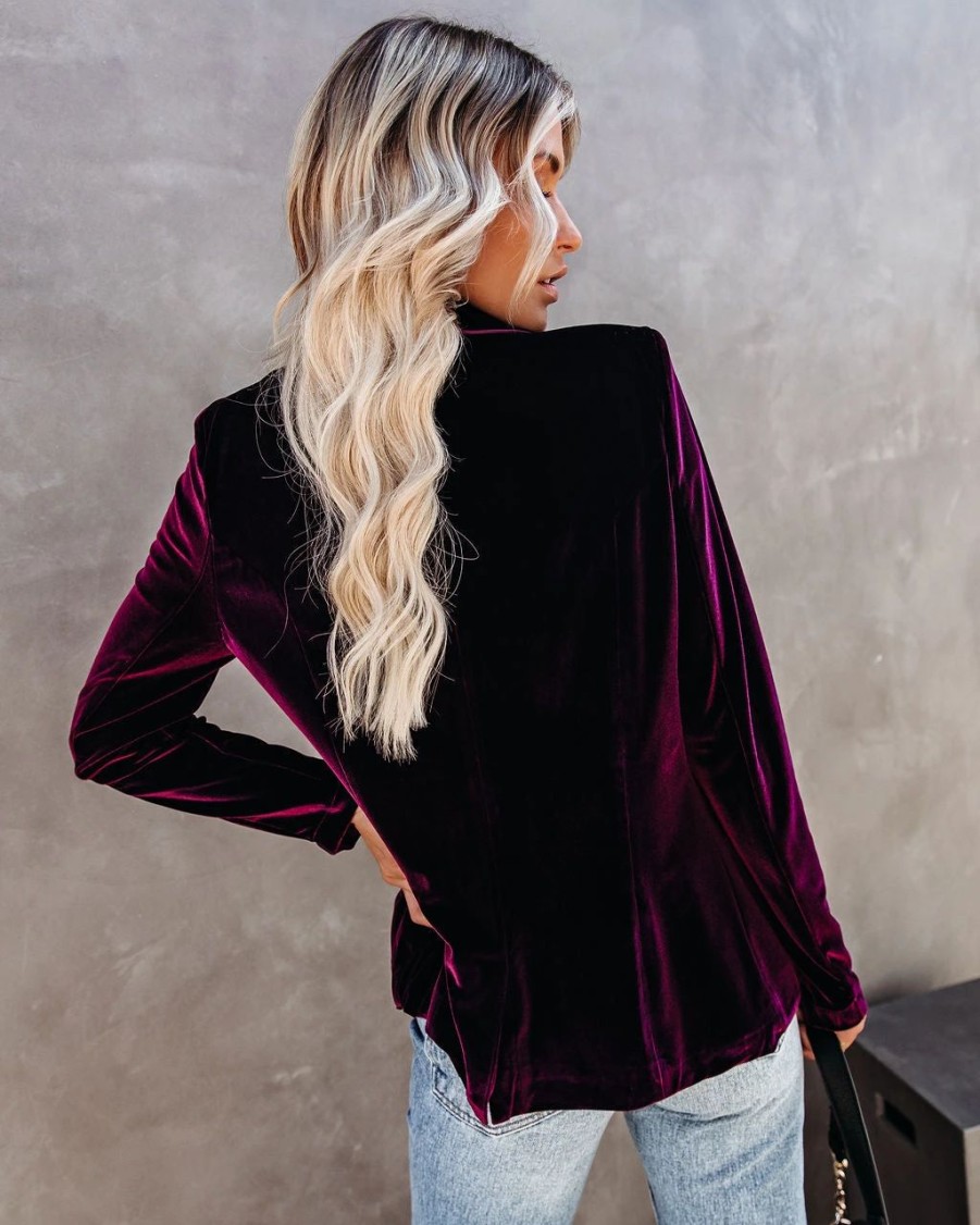 Blazers * | Wine Me And Dine Me Pocketed Velvet Blazer Wine Final Sale