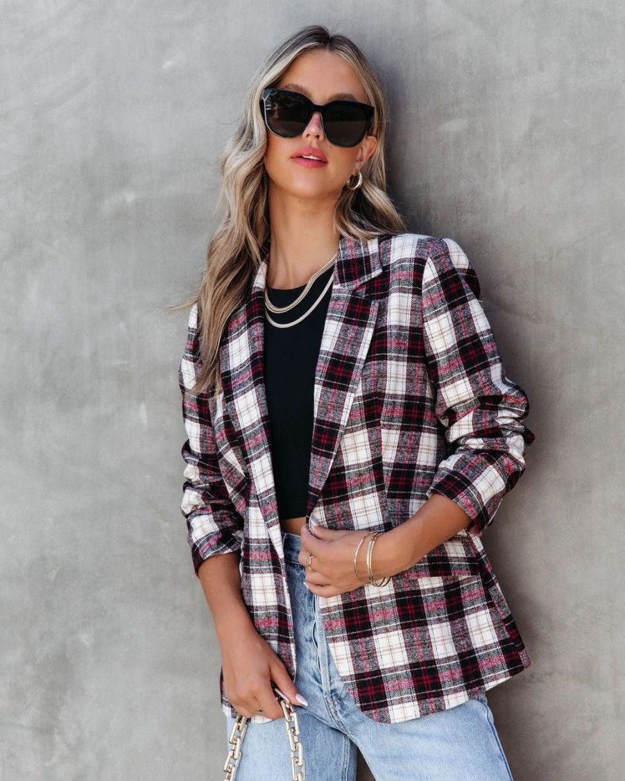 Blazers * | Big Apple Dreams Pocketed Plaid Blazer Final Sale