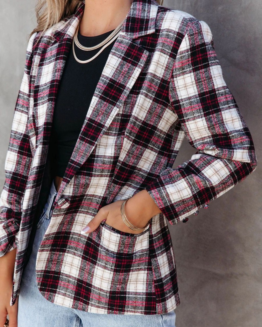 Blazers * | Big Apple Dreams Pocketed Plaid Blazer Final Sale