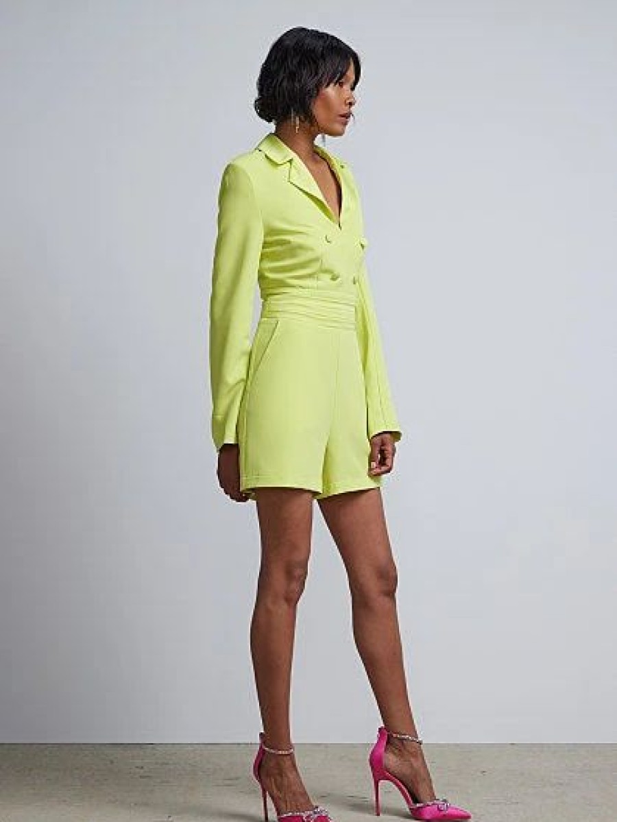 Dresses * | Long-Sleeve Blazer Romper Green - Disco Lime