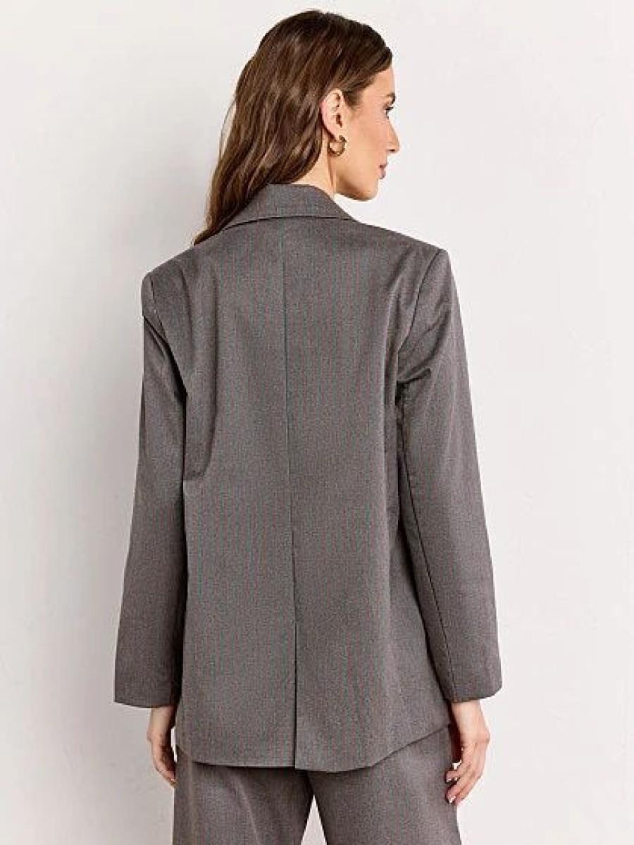 Jackets * | Single Button Pinstripe Blazer Lumiere Grey - Grey